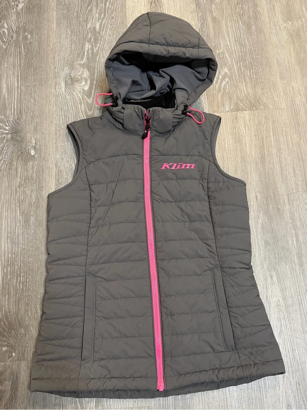 Klim Girls' Gray Hooded Puffer Vest with Pink Trim